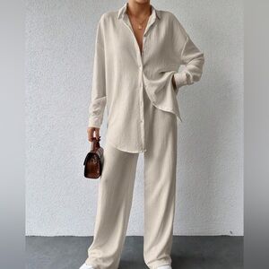 SHEIN set drop shoulder high waisted camel beige pants apricot white